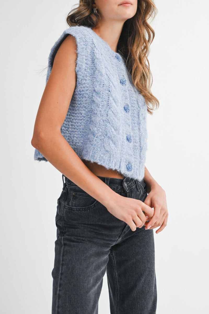Kenna Rose Button Knit Vest in Blue