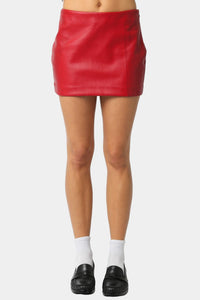 Syla Vegan Leather Mini Skirt in Red