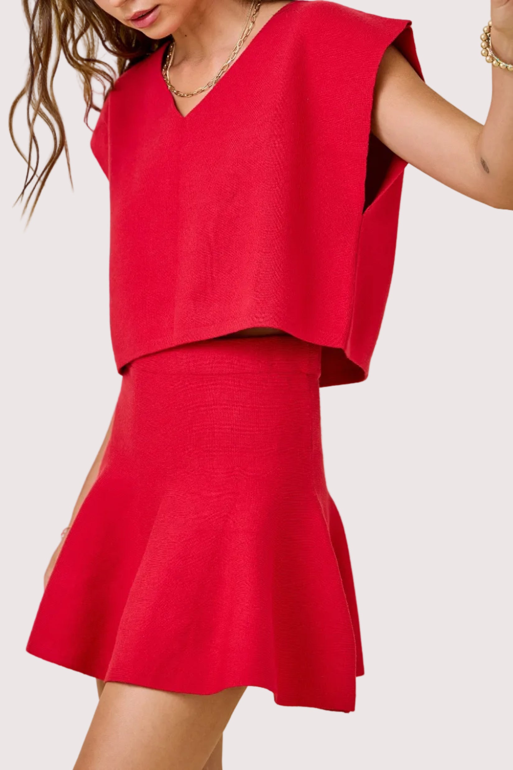 Ana Sleeveless V-neck Sweater Top and Flared Mini Skirt Set