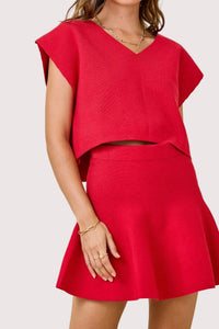 Ana Sleeveless V-neck Sweater Top and Flared Mini Skirt Set