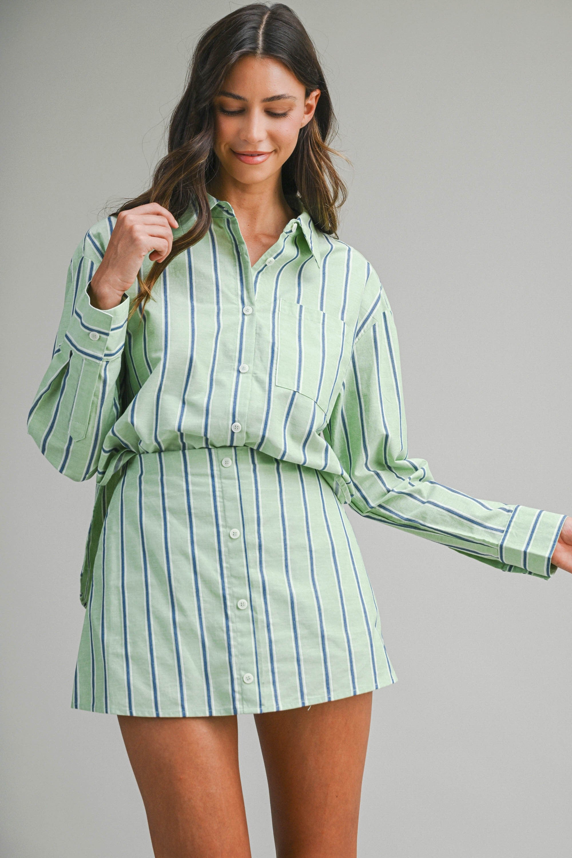 Eileen Striped Long Sleeve Shirt & Skort Set in Mint