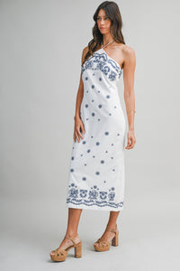 Karla Embroidered Cotton Halter Neck Midi Dress