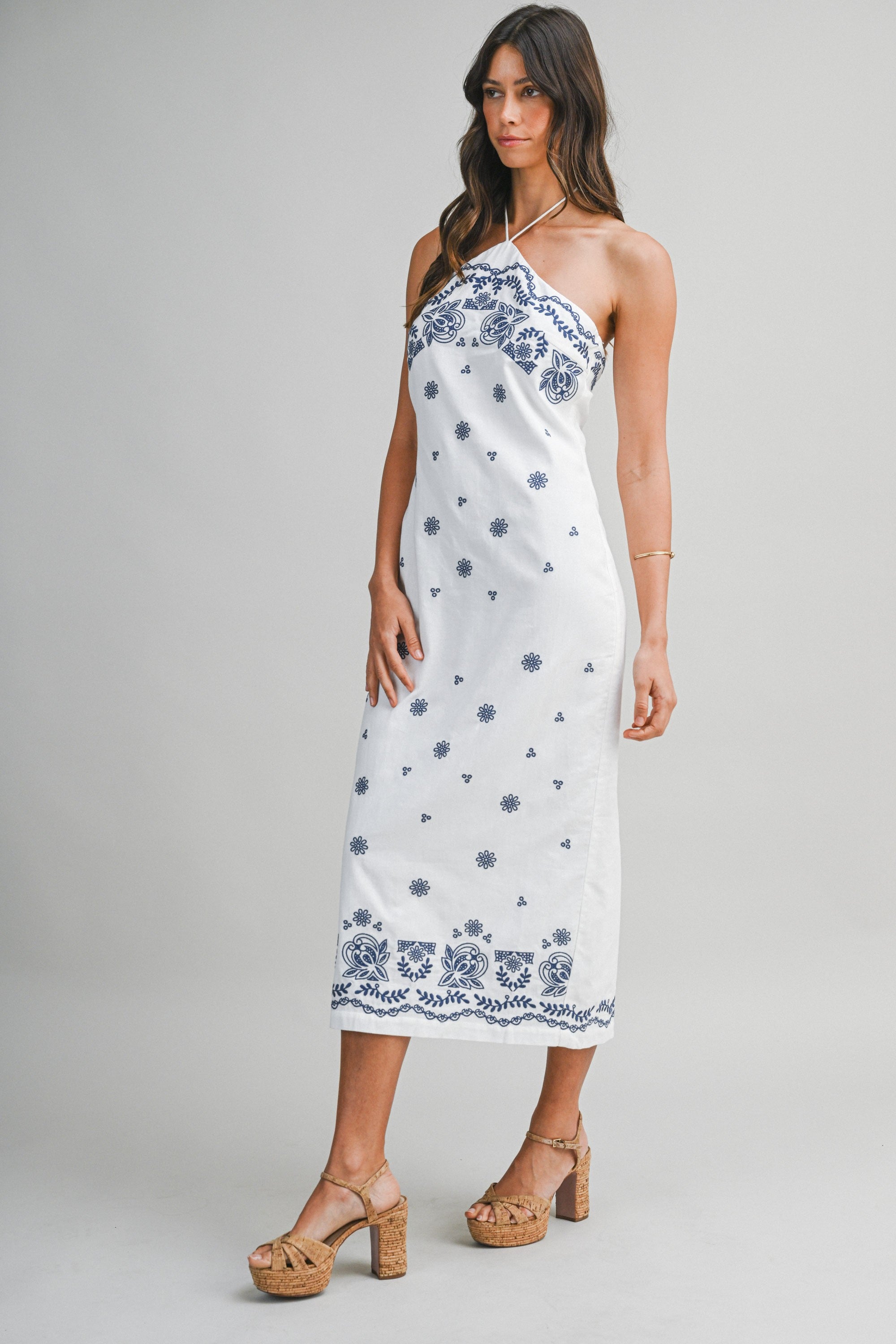 Karla Embroidered Cotton Halter Neck Midi Dress