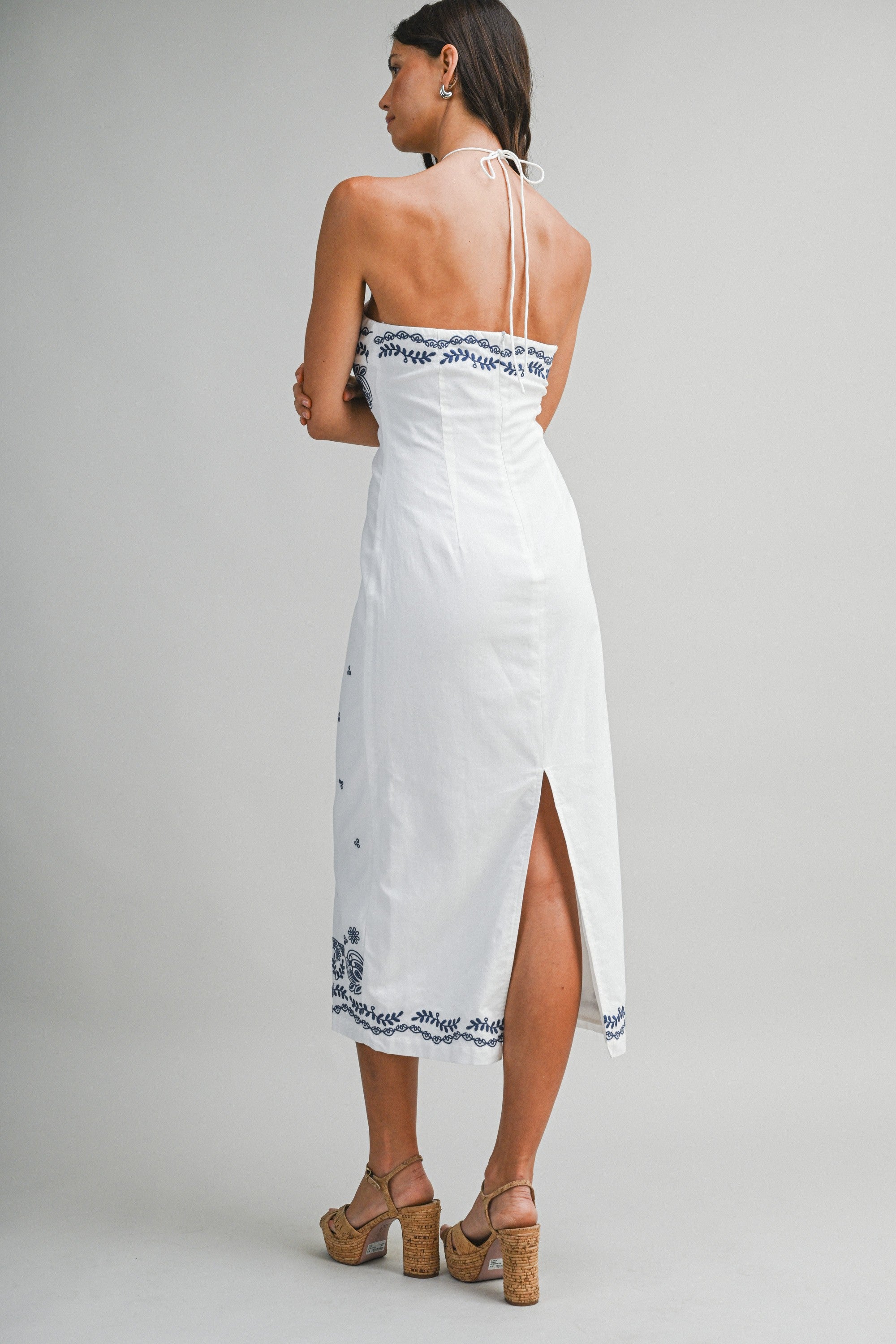Karla Embroidered Cotton Halter Neck Midi Dress