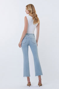 Astonishing High Rise Light Wash Raw Hem Kick Flare Jeans