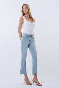 Astonishing High Rise Light Wash Raw Hem Kick Flare Jeans