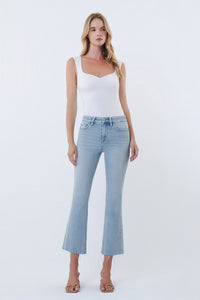 Astonishing High Rise Light Wash Raw Hem Kick Flare Jeans