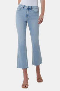 Astonishing High Rise Light Wash Raw Hem Kick Flare Jeans