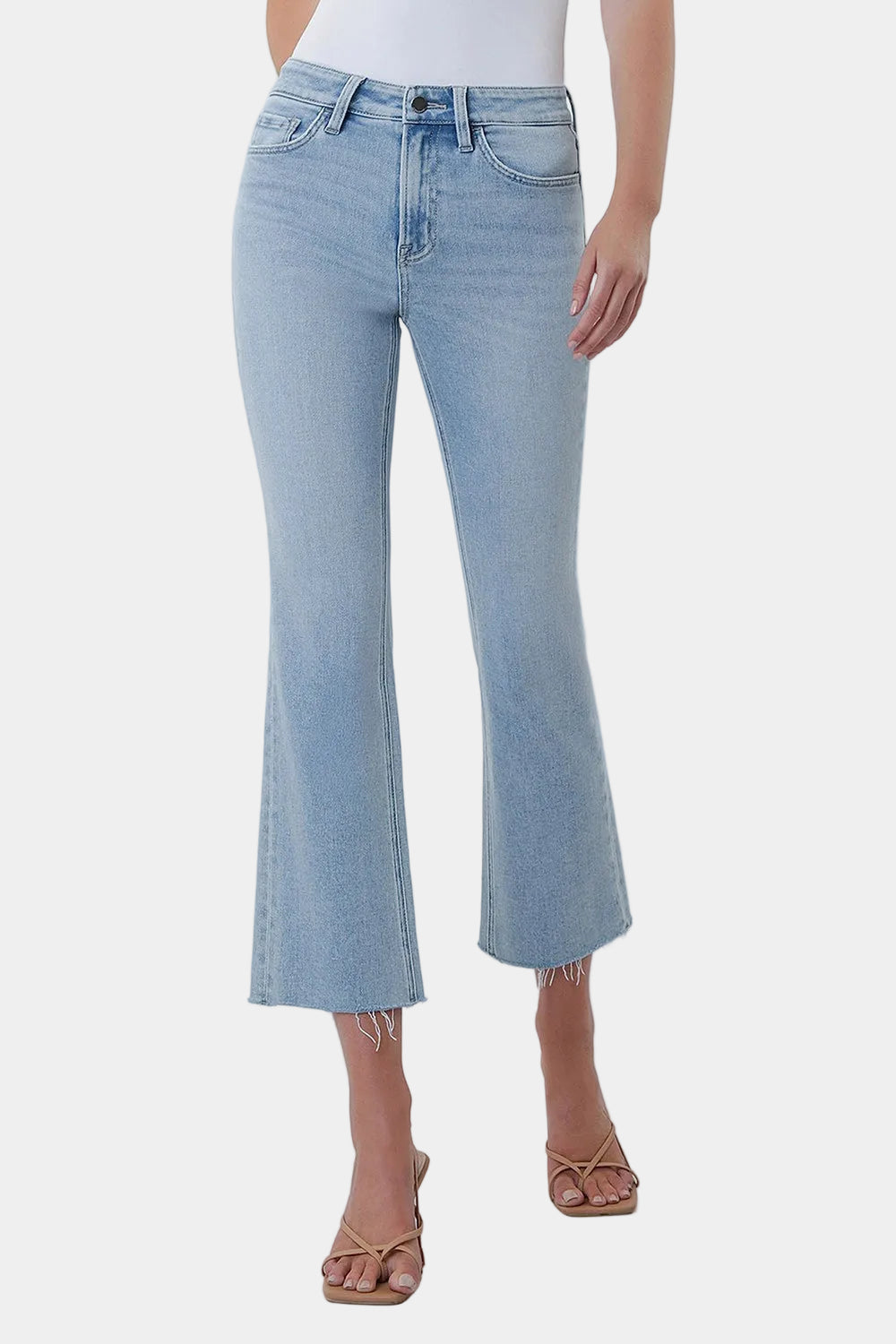 Astonishing High Rise Light Wash Raw Hem Kick Flare Jeans