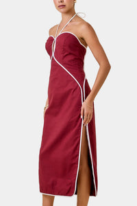 Maddie Halter Midi Dress in Maroon/White