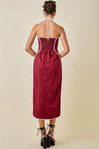Maddie Halter Midi Dress in Maroon/White