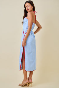 Maddie Halter Midi Dress in Light Blue/Red