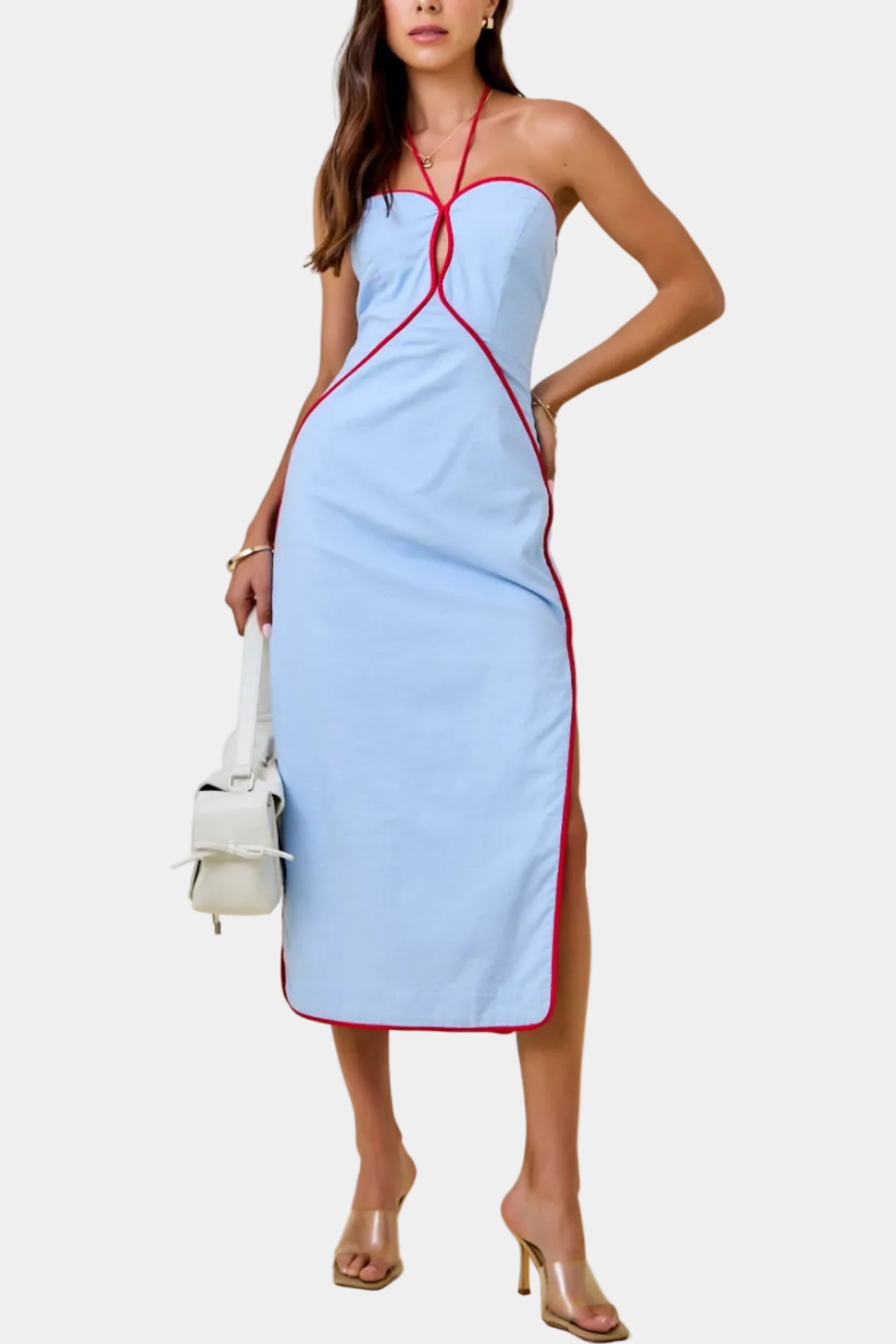 Maddie Halter Midi Dress in Light Blue/Red
