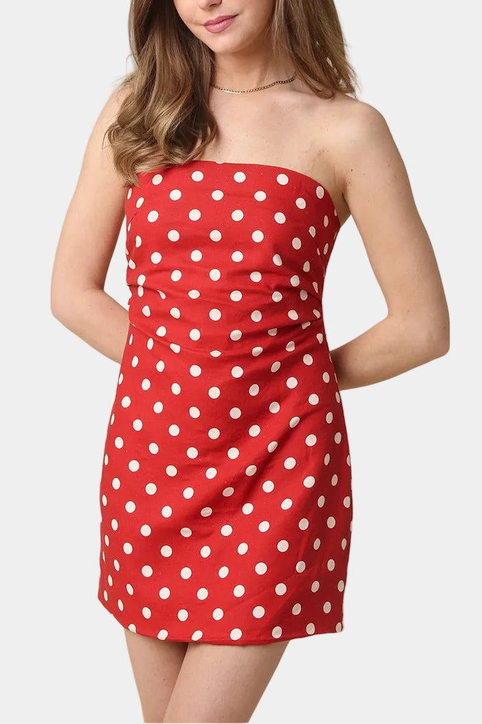 Benny Polka Dot Strapless Mini Dress in Red