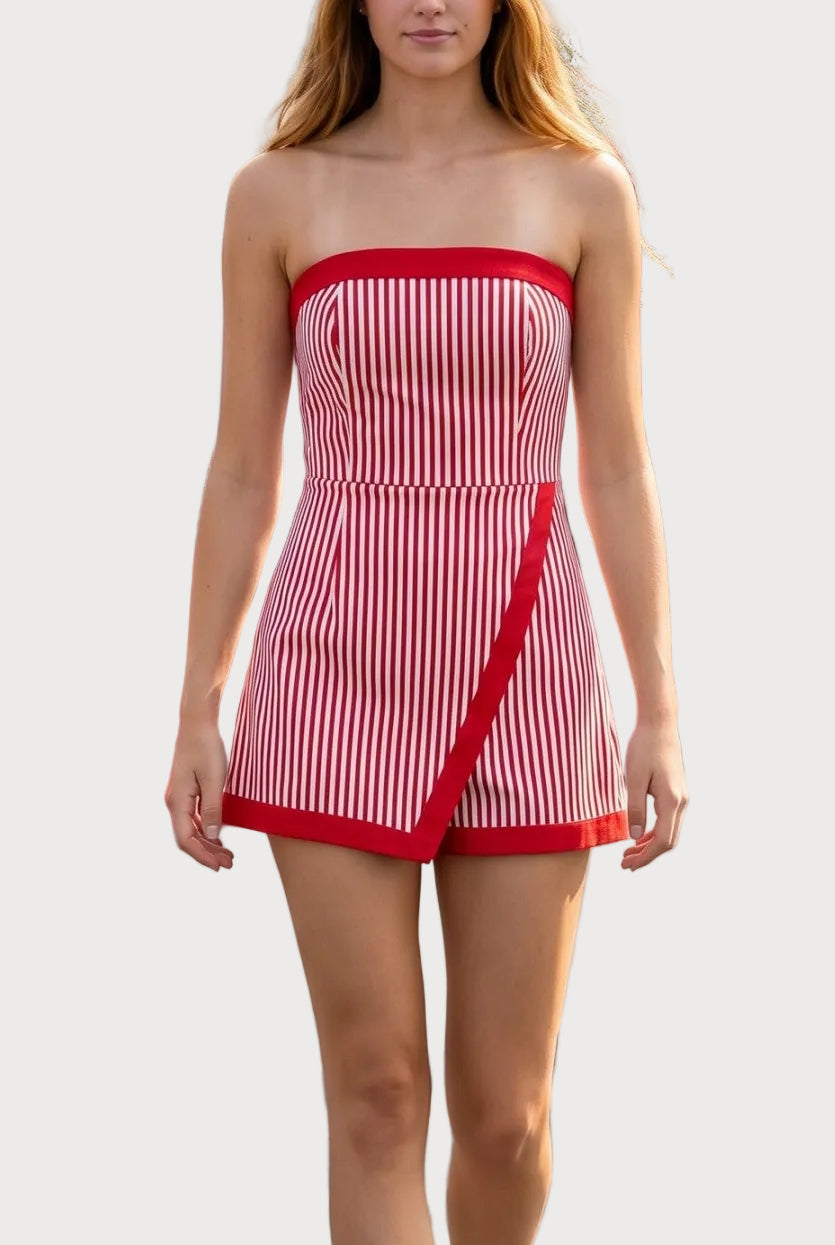 Paris Strapless Striped Romper in Red/White