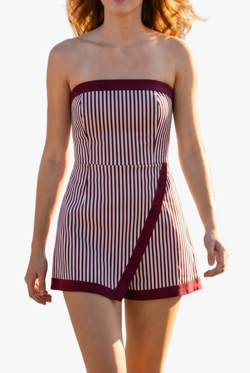 Paris Strapless Striped Romper in Maroon/White