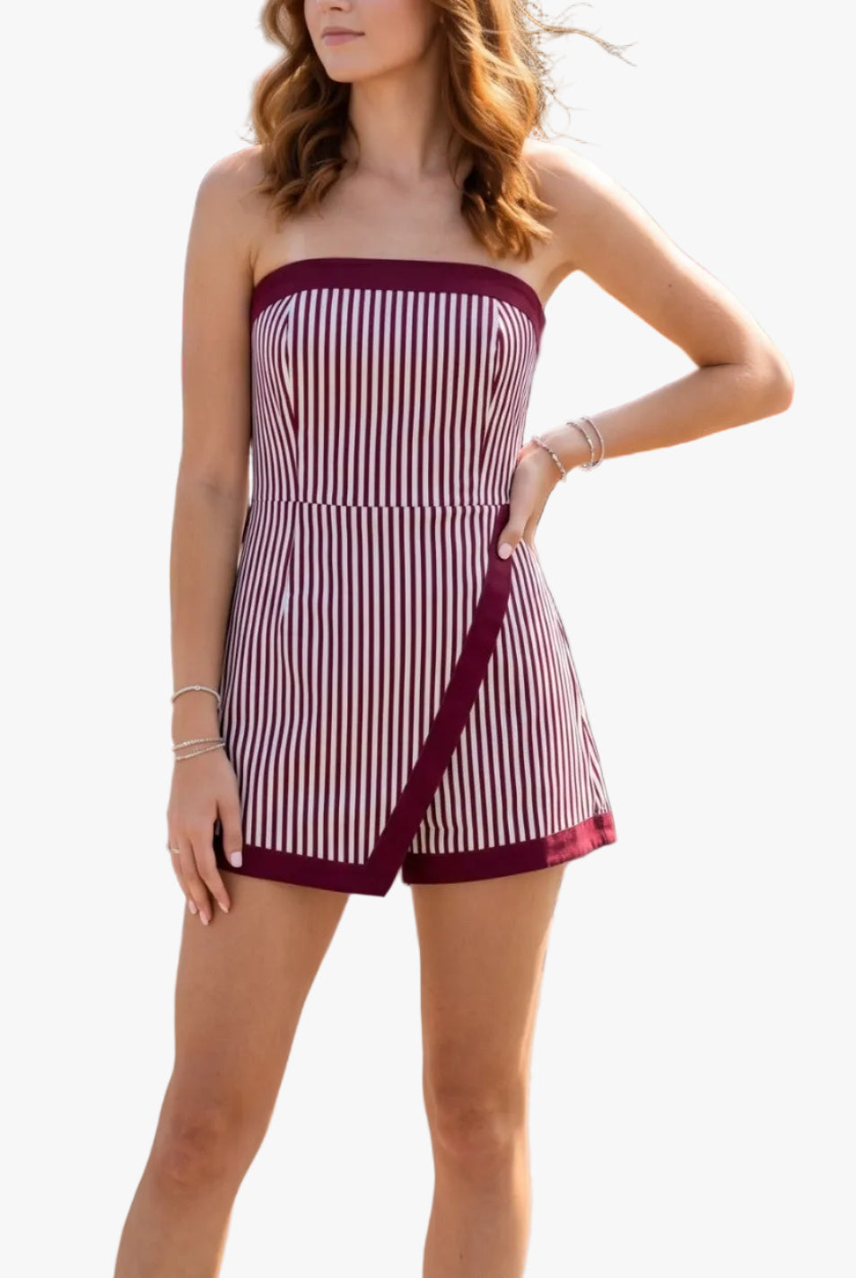 Paris Strapless Striped Romper in Maroon/White