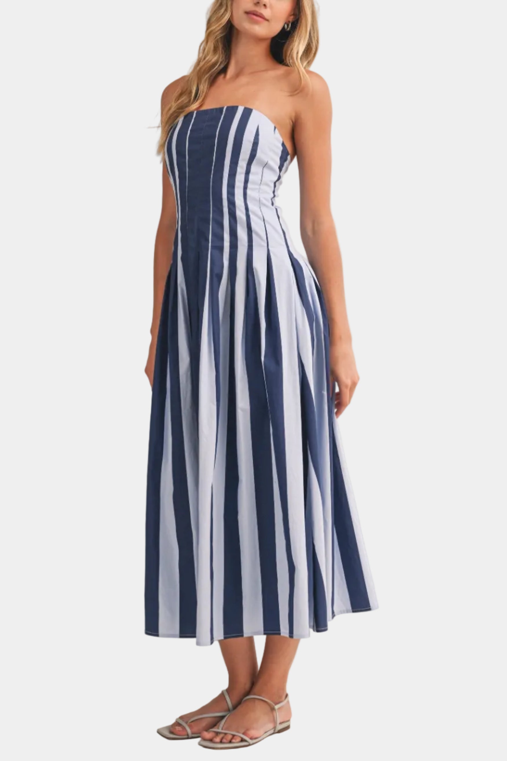 Keeley Striped Pleated Midi Dress