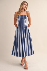 Keeley Striped Pleated Midi Dress