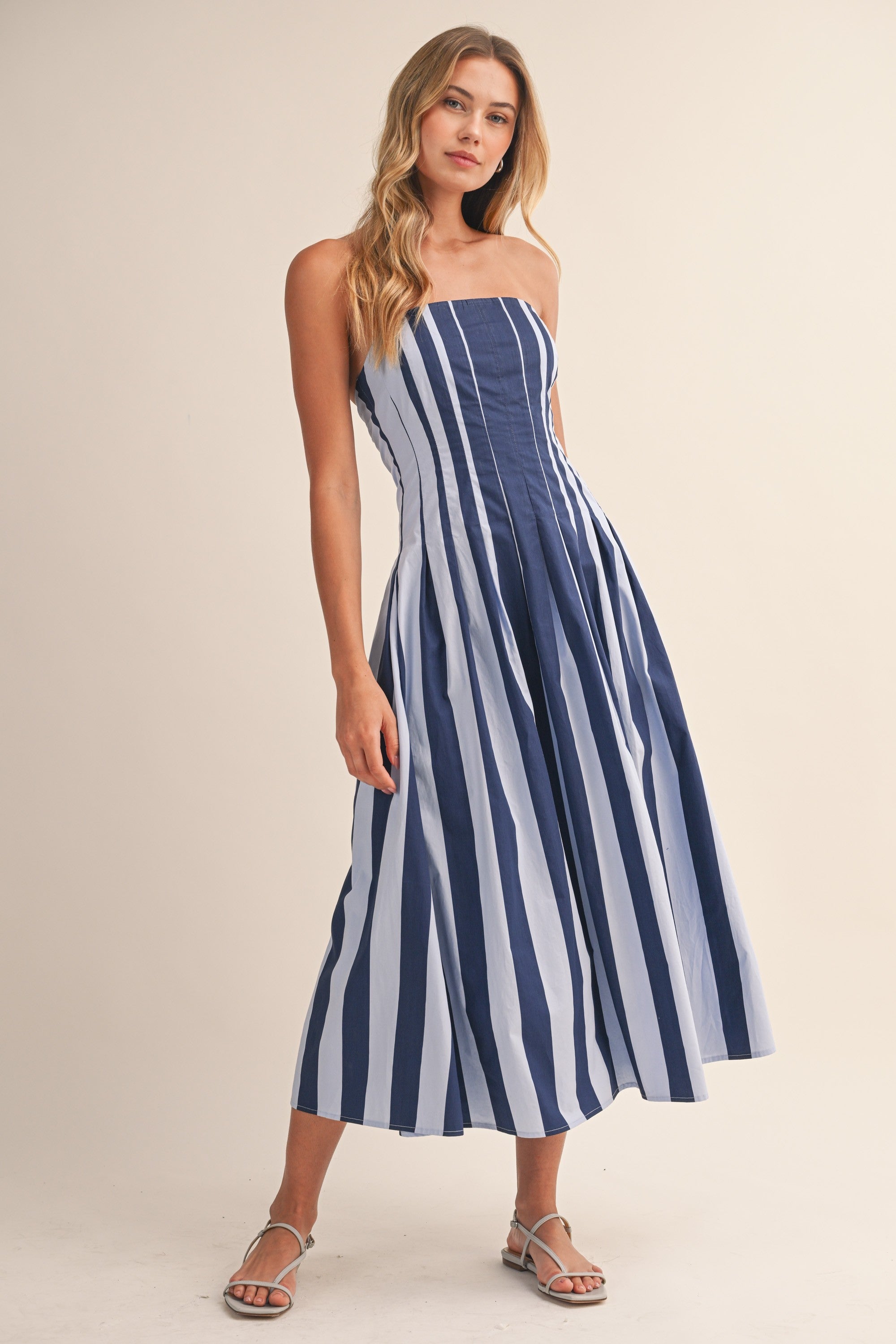 Keeley Striped Pleated Midi Dress