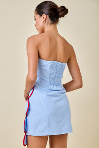 Zara Scallop Panels Strapless Mini Dress in Light Blue/Red