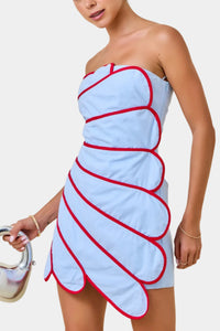Zara Scallop Panels Strapless Mini Dress in Light Blue/Red