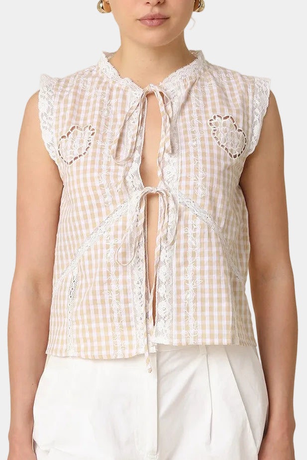 Elara Gingham Textured Tie-Front Blouse