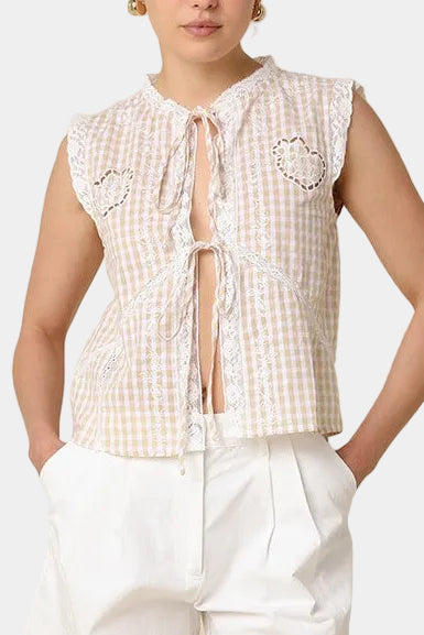 Elara Gingham Textured Tie-Front Blouse