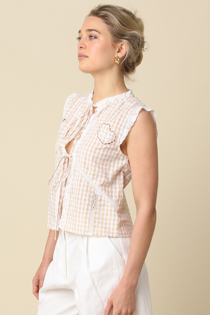 Elara Gingham Textured Tie-Front Blouse