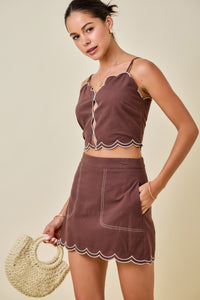 Mitchell Scalloped Hem Top & Skirt Set in Brown