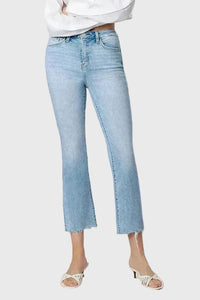 Stirringly High Rise Uneven Raw Hem Kick Flare Jeans