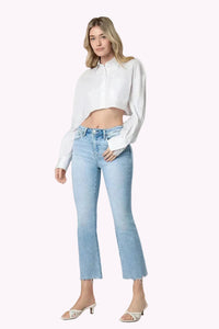 Stirringly High Rise Uneven Raw Hem Kick Flare Jeans