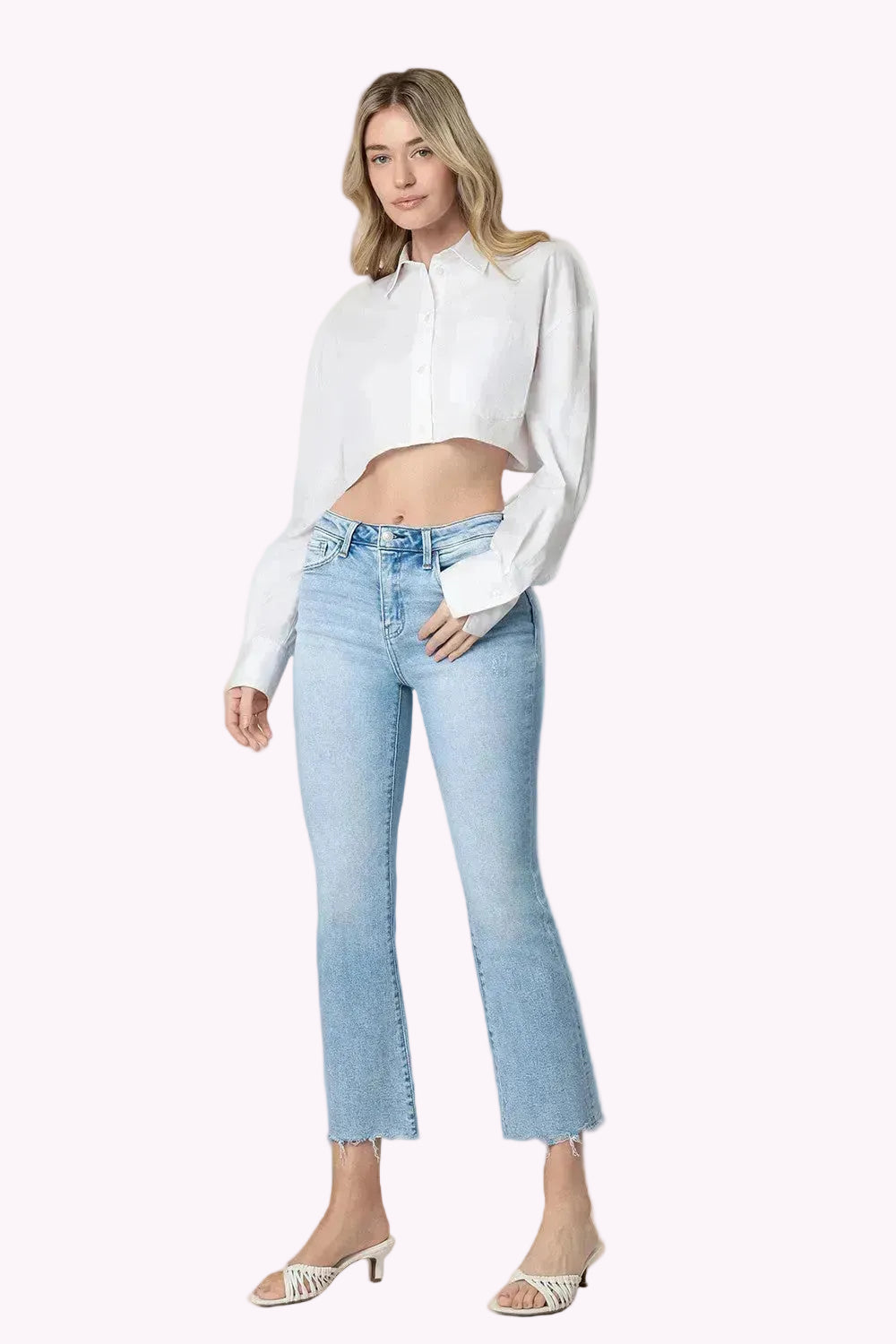 Stirringly High Rise Uneven Raw Hem Kick Flare Jeans