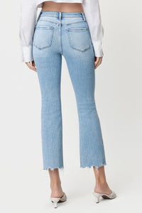 Stirringly High Rise Uneven Raw Hem Kick Flare Jeans