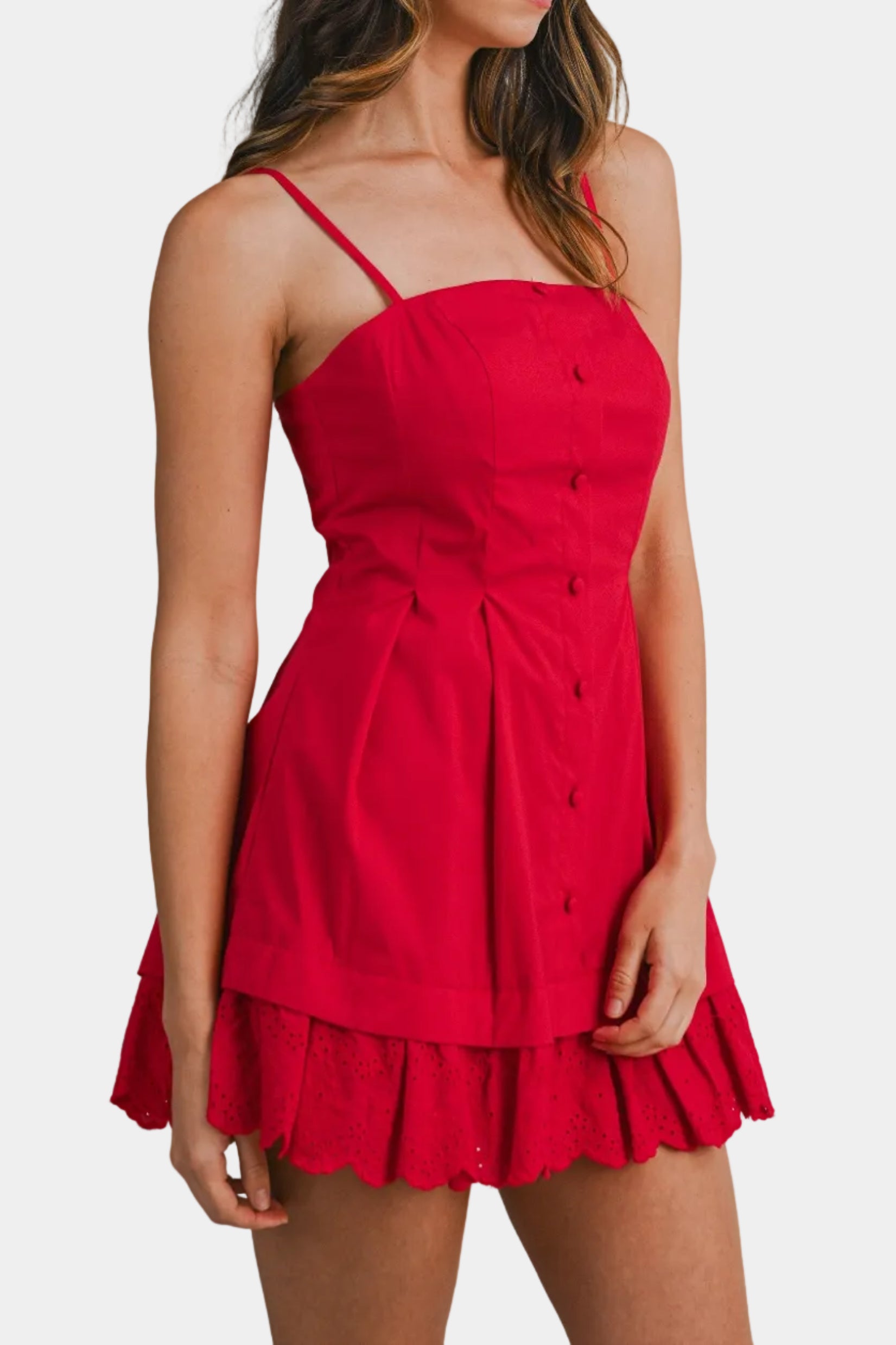 Delia Poplin Eyelet Lace Hem Mini Dress