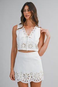 Andie Floral Laser Cut Top & Mini Skirt Set