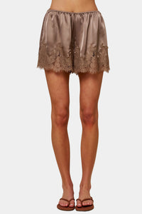 Daden Satin Lace Shorts in Mocha