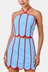 Reena Contrast Binding Scallop Halter Top & Skirt Set
