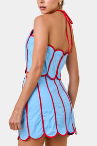 Reena Contrast Binding Scallop Halter Top & Skirt Set