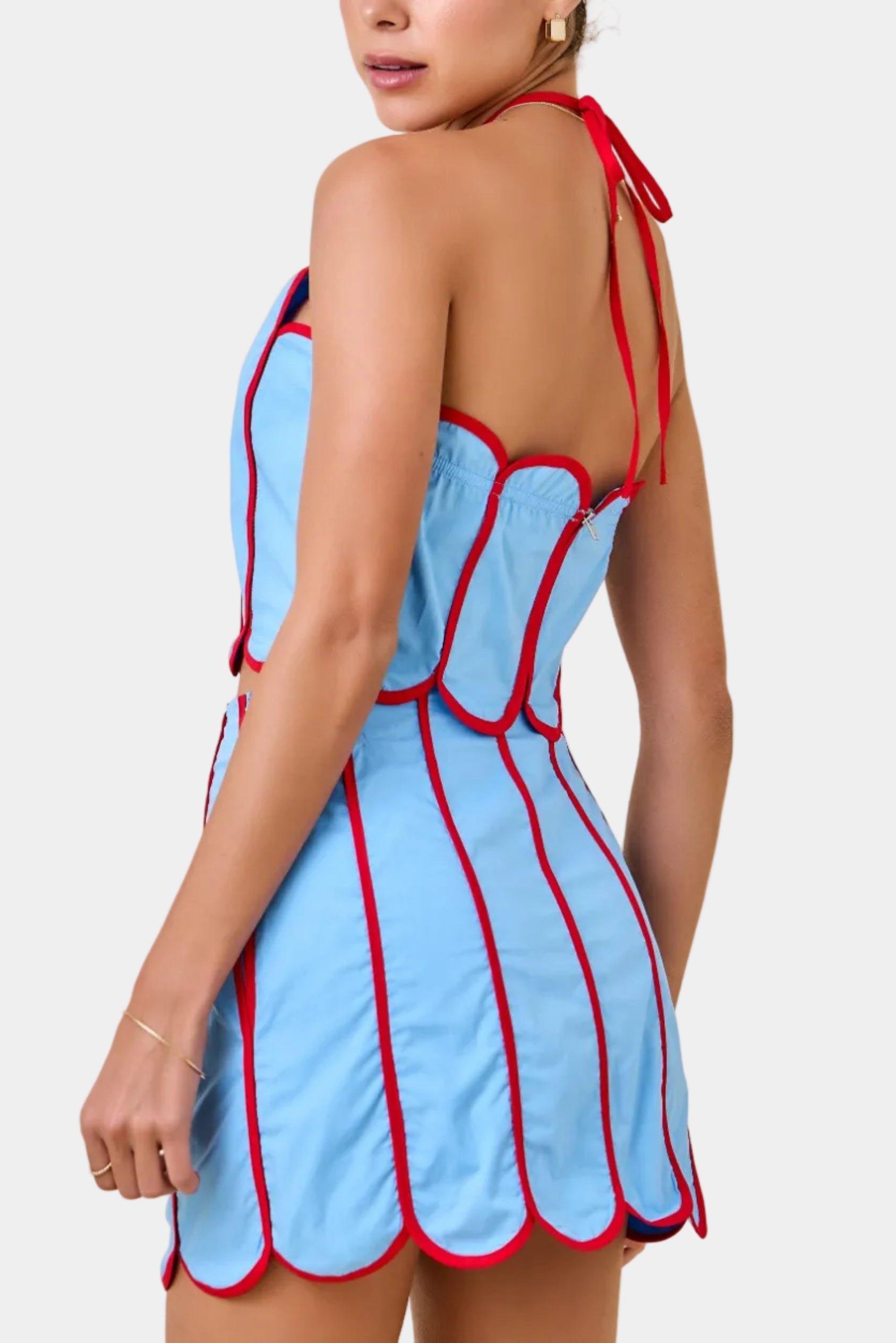 Reena Contrast Binding Scallop Halter Top & Skirt Set
