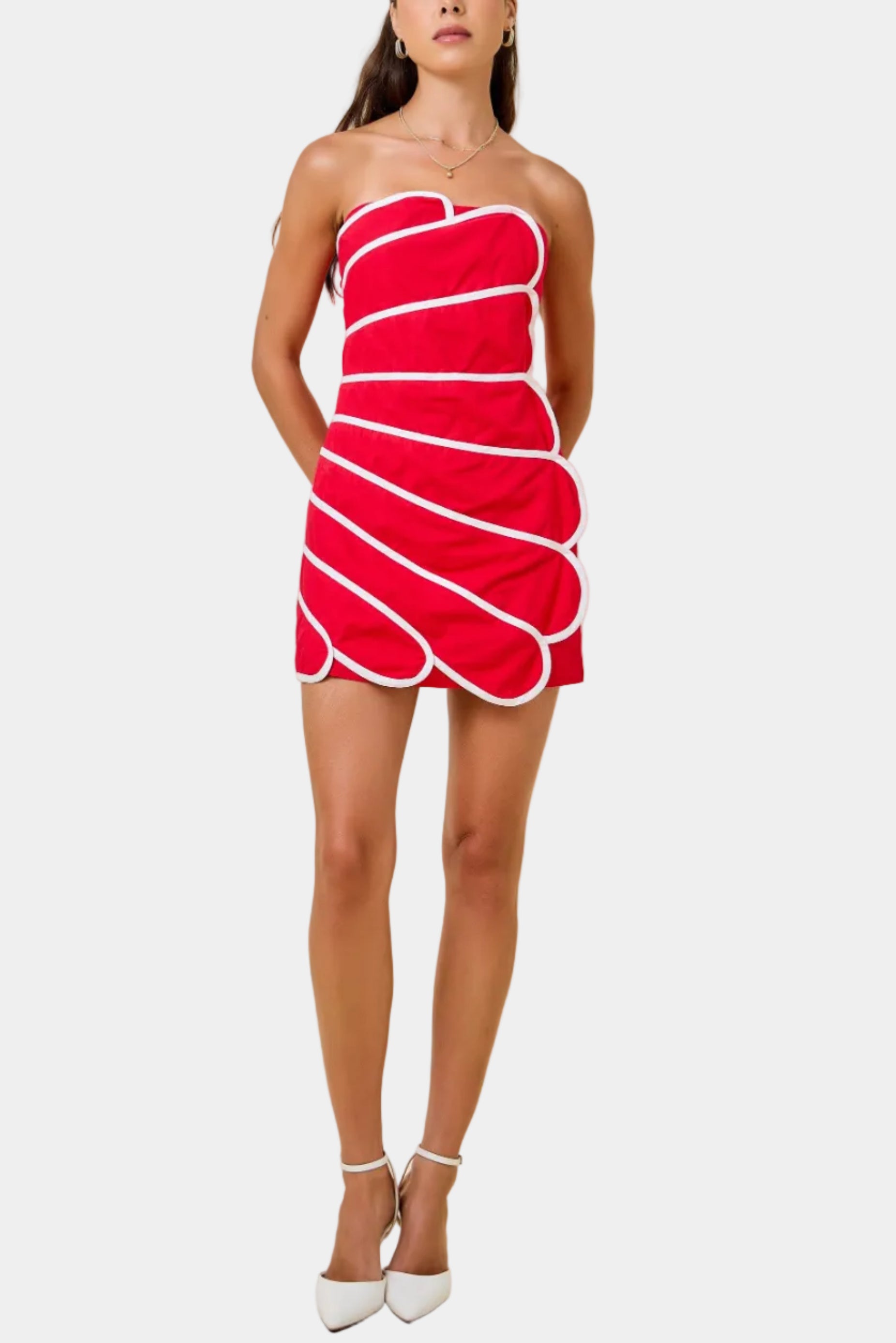 Zara Scallop Panels Strapless Mini Dress in Red/White