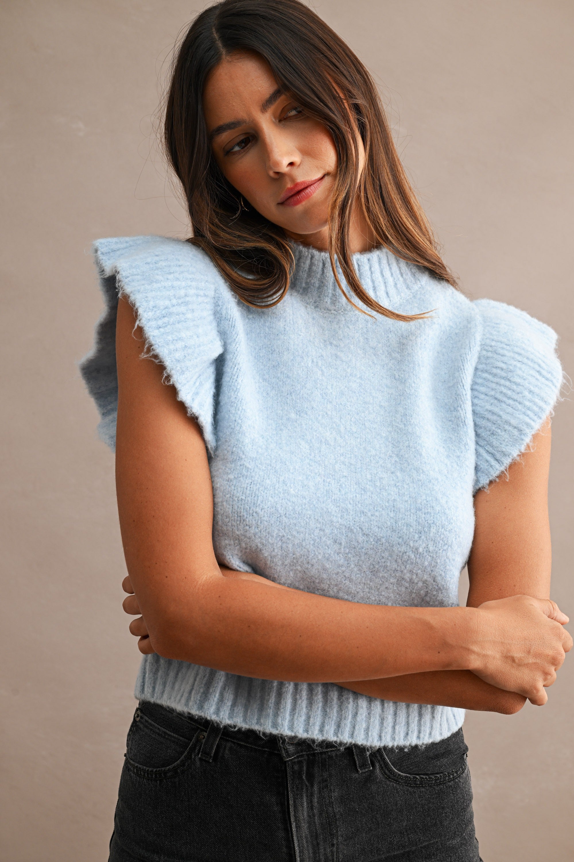 Mila Ruffle Knitted Sweater Vest in Blue