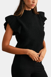 Mila Knitted Ruffle Sweater Vest in Black