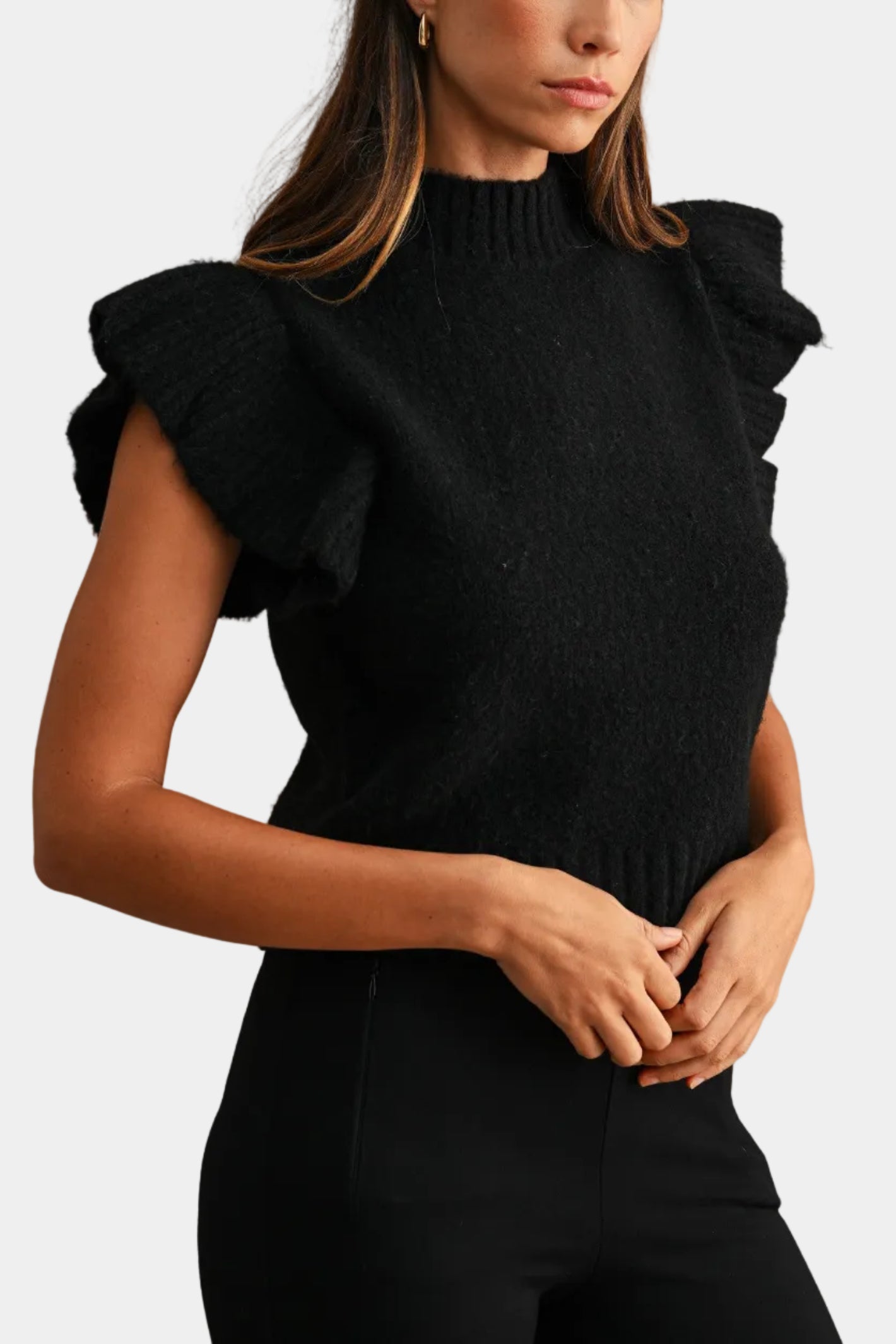 Mila Knitted Ruffle Sweater Vest in Black