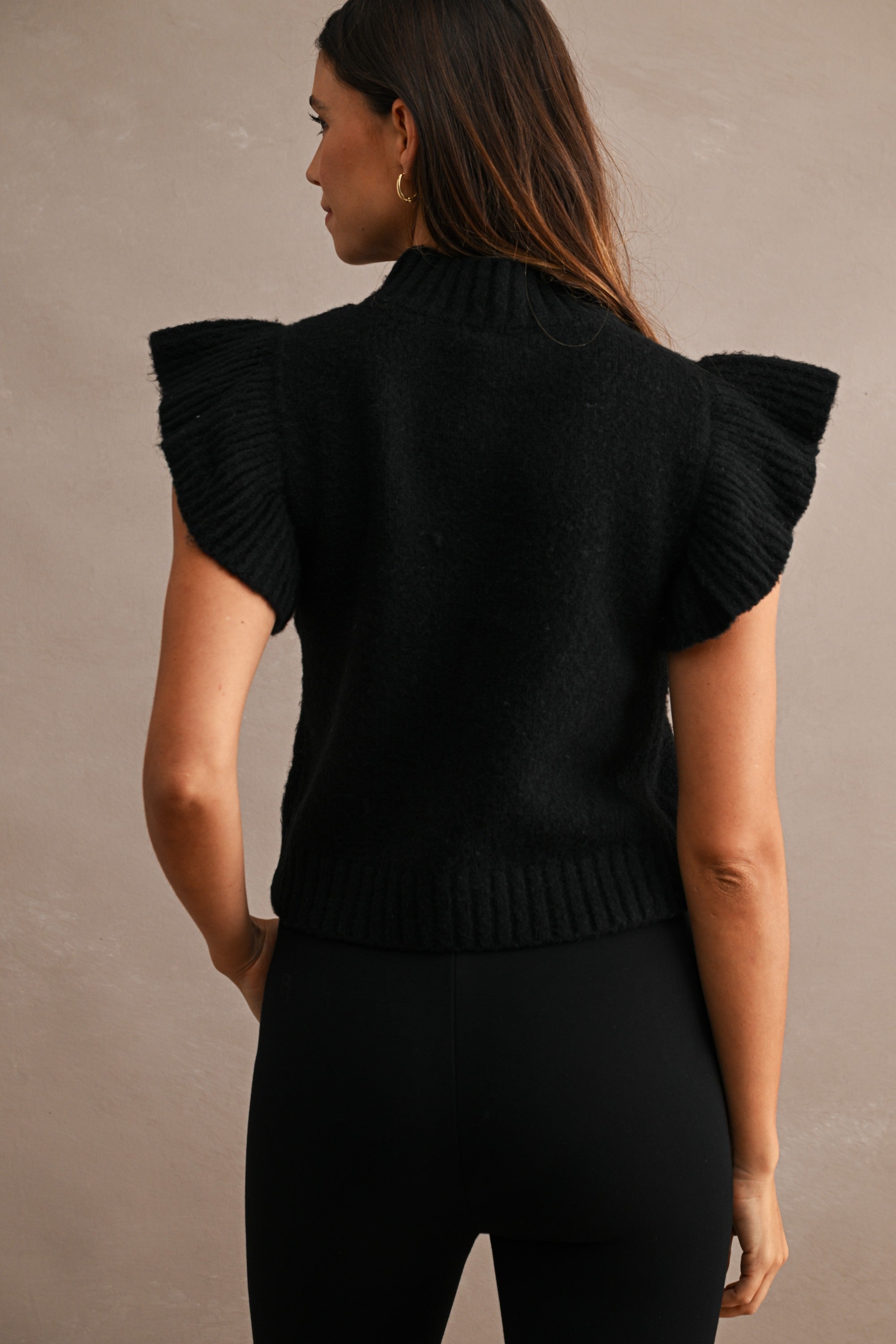 Mila Knitted Ruffle Sweater Vest in Black