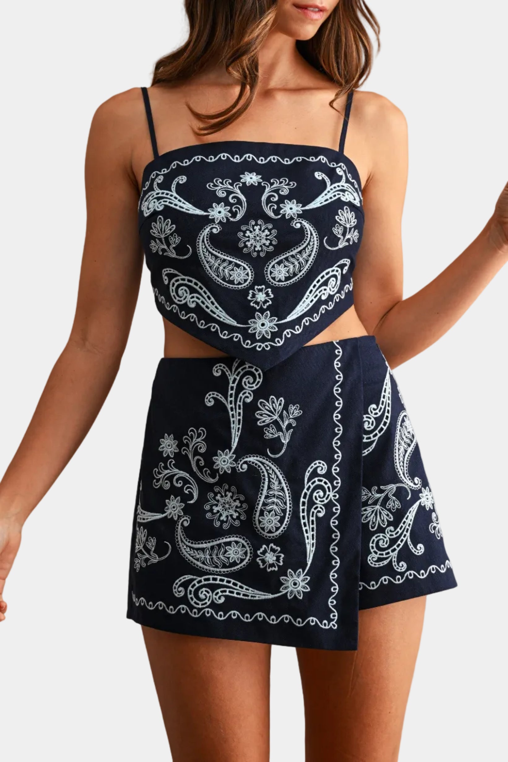 Caroline Embroidered Eyelet Top & Shorts Set in Navy