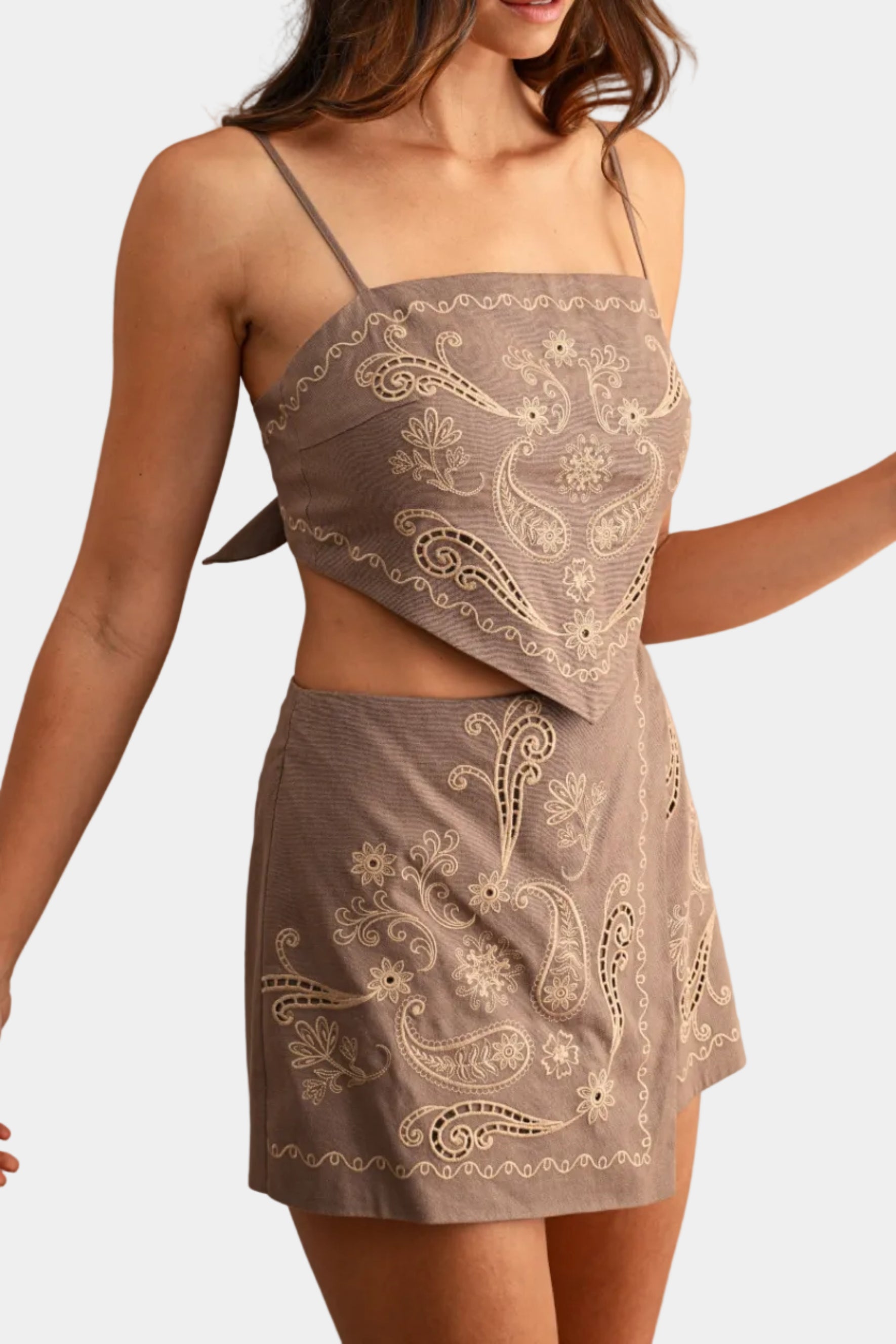 Caroline Embroidered Eyelet Top & Shorts Set in Mocha