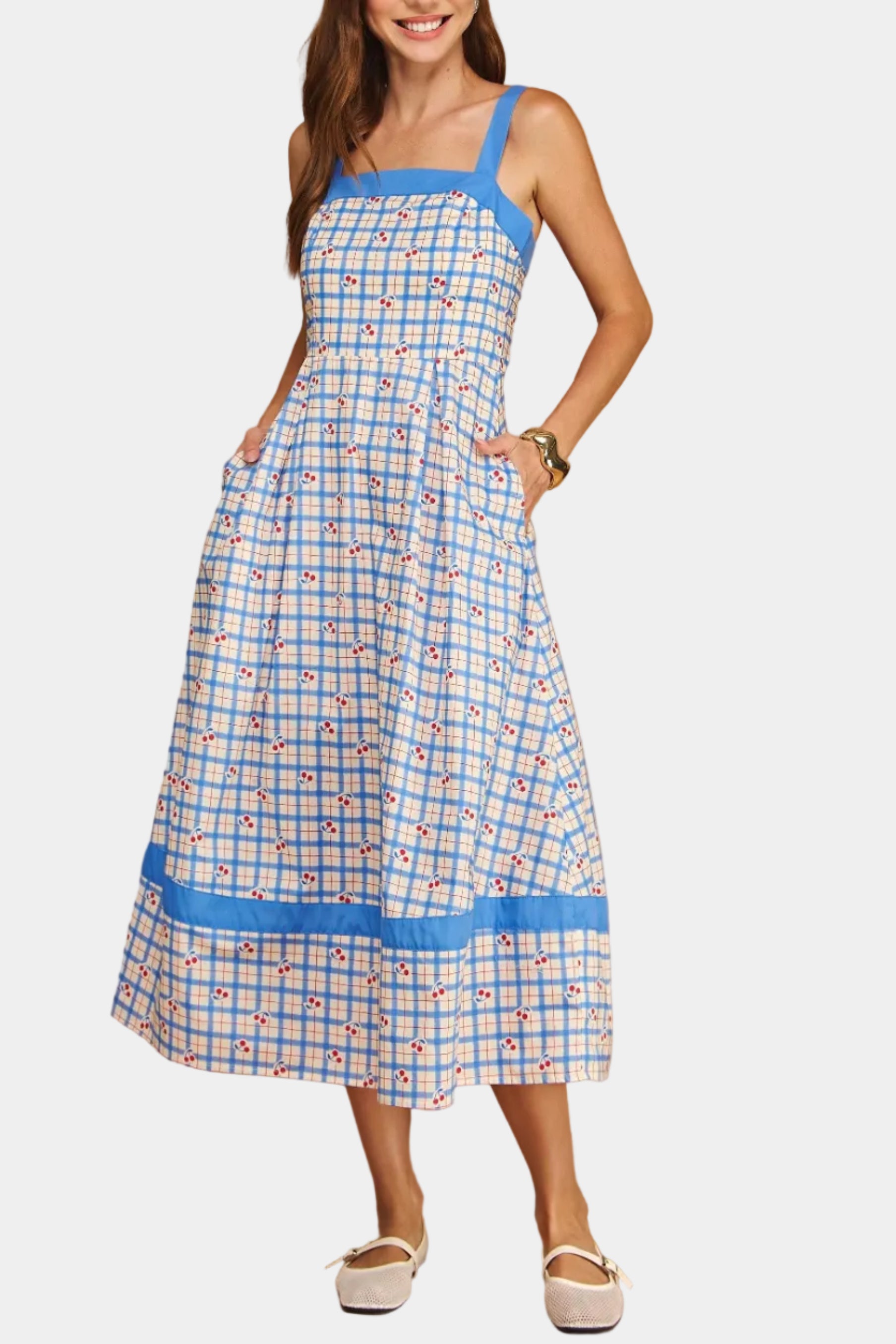 Daden Cherry Plaid Smocked Midi Dress