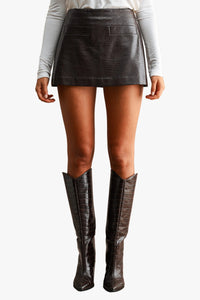 Lucy Faux Croc Leather Mini Skort in Chocolate Brown