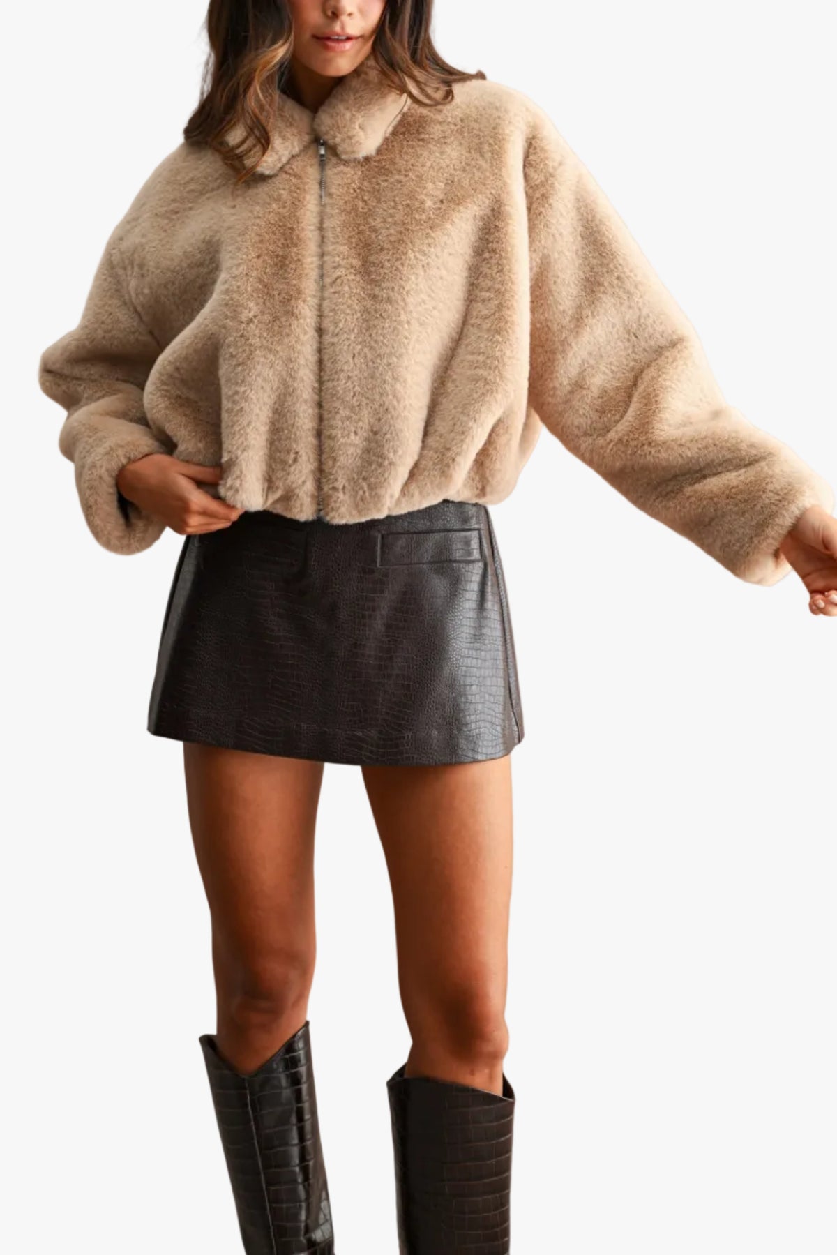 Jolie Faux Fur Cropped Jacket in Light Mocha